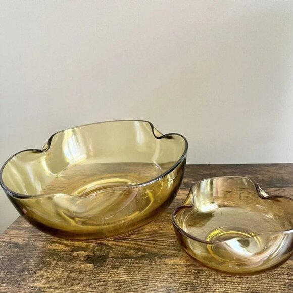 Vintage Anchor Hocking Accent Modern Chip and Dip Set in Honey Gold Amber